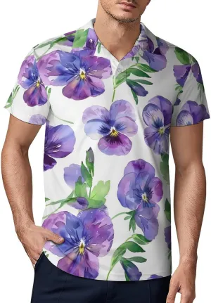 Purple Pansy Flower Classic Polo Shirts for Men Quick Dry Short Sleeve Fit Golf Tees Casual Tops
