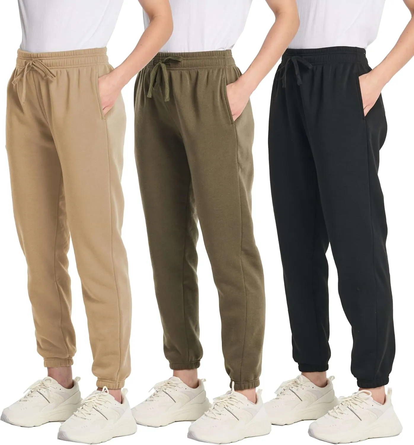 Real Essentials 3 Pack: Women's Fleece Jogger Sweatpants (Available in Plus Size)