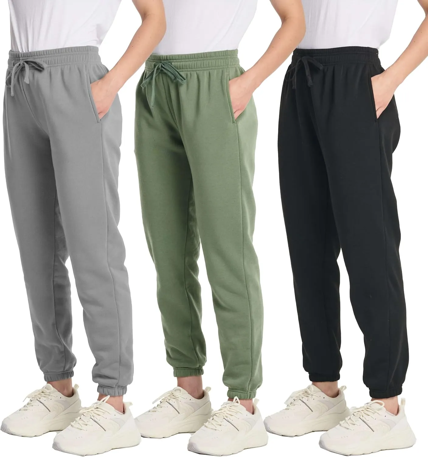 Real Essentials 3 Pack: Women's Fleece Jogger Sweatpants (Available in Plus Size)