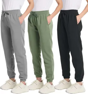 Real Essentials 3 Pack: Women's Fleece Jogger Sweatpants (Available in Plus Size)