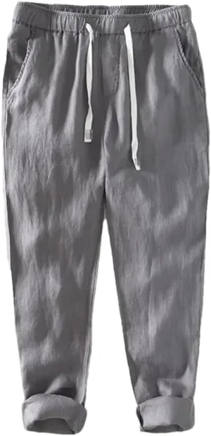 REHJJDFD Men Casual Pants Men's Linen Breathable Lanyard Trousers Baggy Harem Pants Solid Color Loose Comfy Yoga Pants