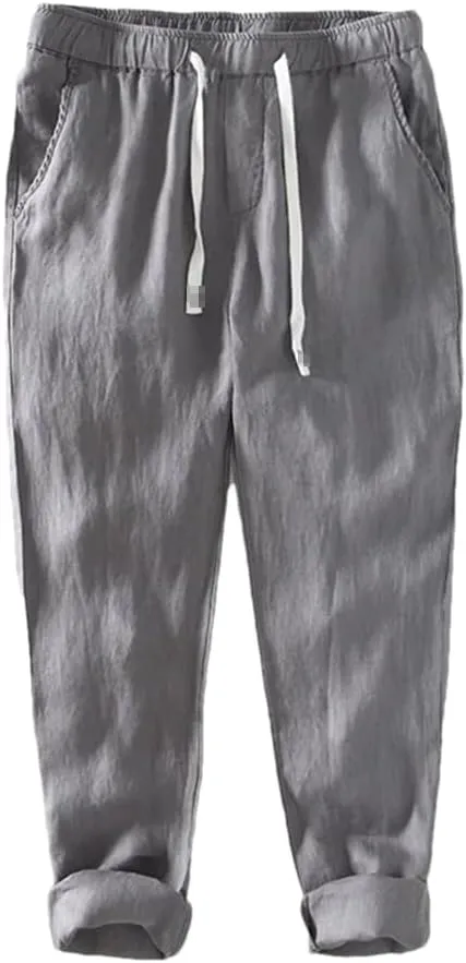 REHJJDFD Men Casual Pants Men's Linen Breathable Lanyard Trousers Baggy Harem Pants Solid Color Loose Comfy Yoga Pants