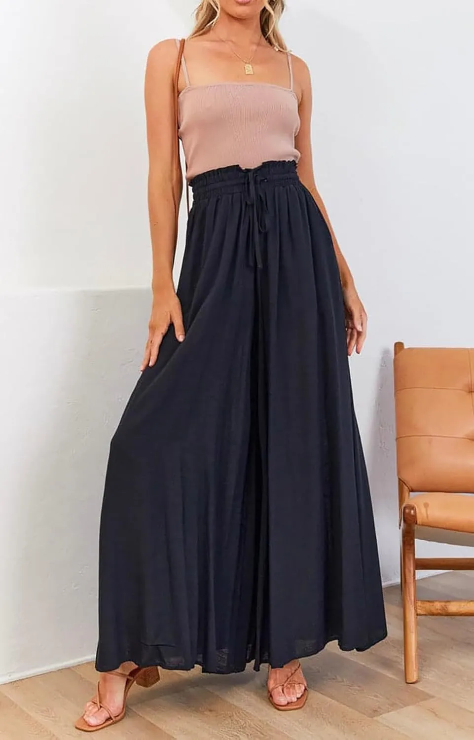 R.Vivimos Women's Wide Leg Lounge Pants Elastic High Waisted Drawstring Tie Casual Flowy Palazzo Pants Trousers with Pockets