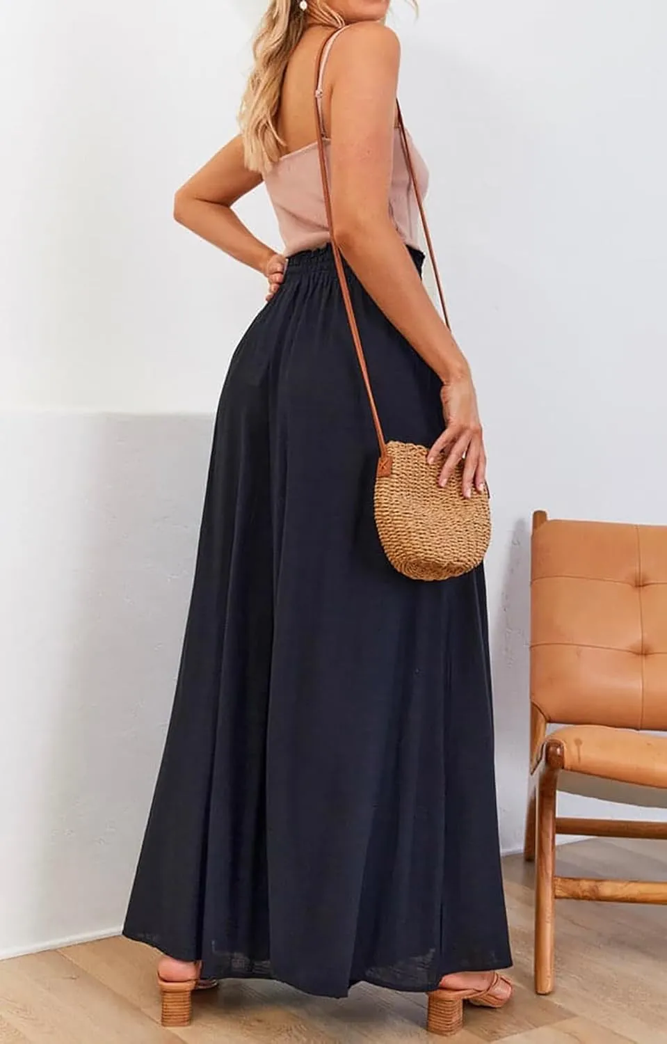 R.Vivimos Women's Wide Leg Lounge Pants Elastic High Waisted Drawstring Tie Casual Flowy Palazzo Pants Trousers with Pockets