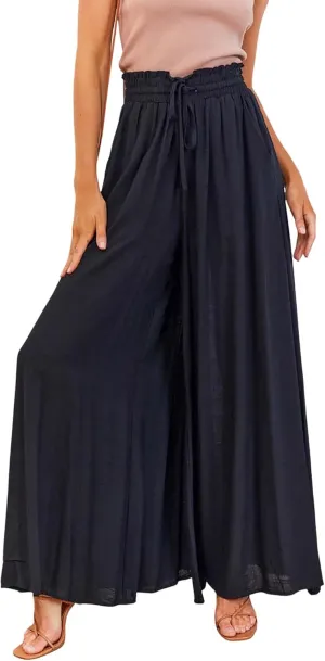R.Vivimos Women's Wide Leg Lounge Pants Elastic High Waisted Drawstring Tie Casual Flowy Palazzo Pants Trousers with Pockets