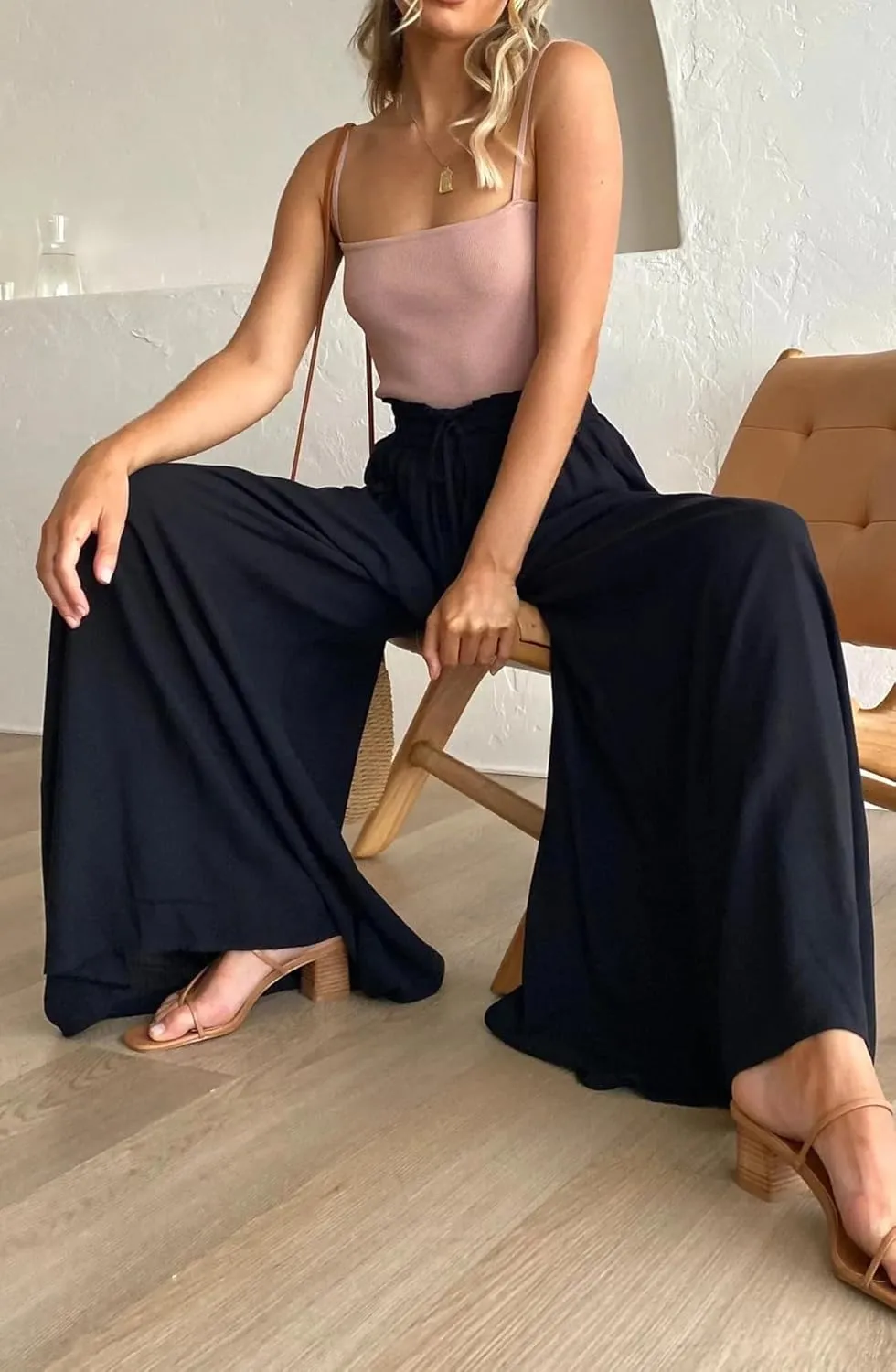 R.Vivimos Women's Wide Leg Lounge Pants Elastic High Waisted Drawstring Tie Casual Flowy Palazzo Pants Trousers with Pockets