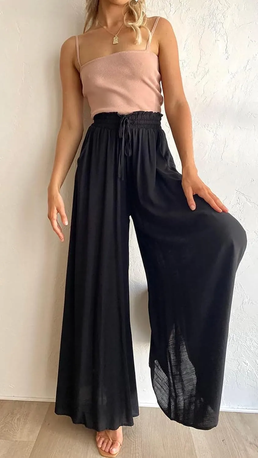 R.Vivimos Women's Wide Leg Lounge Pants Elastic High Waisted Drawstring Tie Casual Flowy Palazzo Pants Trousers with Pockets