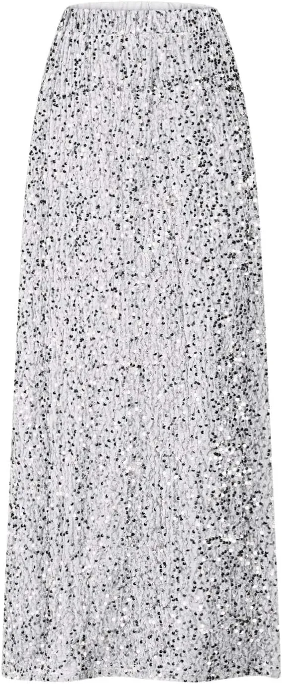 Sequin Party Maxi Skirts for Women High Waisted Plus Size Stretchy Sparkly Skirt Elegant Cocktail Dress