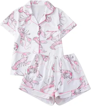 SHENHE Women's 2 Piece Pajama Set Bow Graphic Button Down Short Sleeve Lapel Shirt Pj Short Set