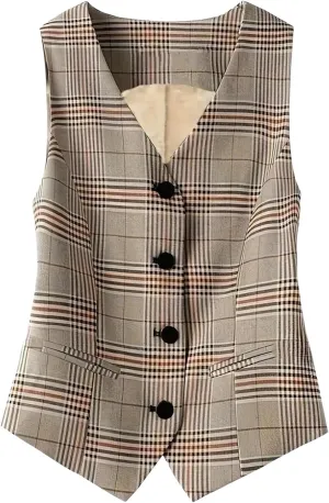 SHENHE Women's Plaid Vest Top Button Up V Neck Vintage Business Work Blazer Suit Vests with Pockets