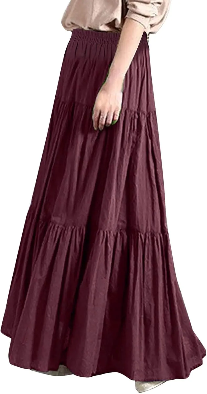 Skirted Toilet Women's Spring/Summer Casual High Waist Linen Solid Pleated Loose Swing Half Length Skirt Skirt
