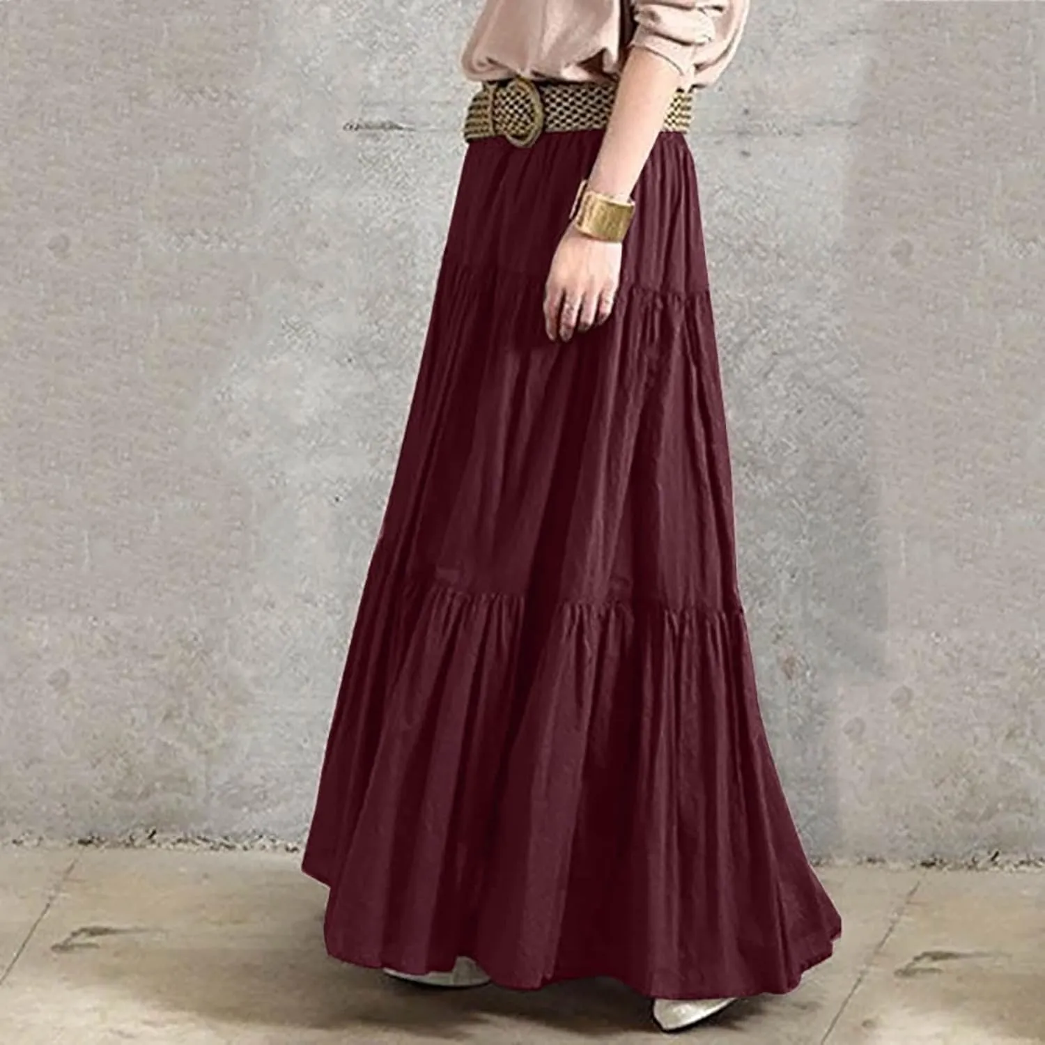 Skirted Toilet Women's Spring/Summer Casual High Waist Linen Solid Pleated Loose Swing Half Length Skirt Skirt