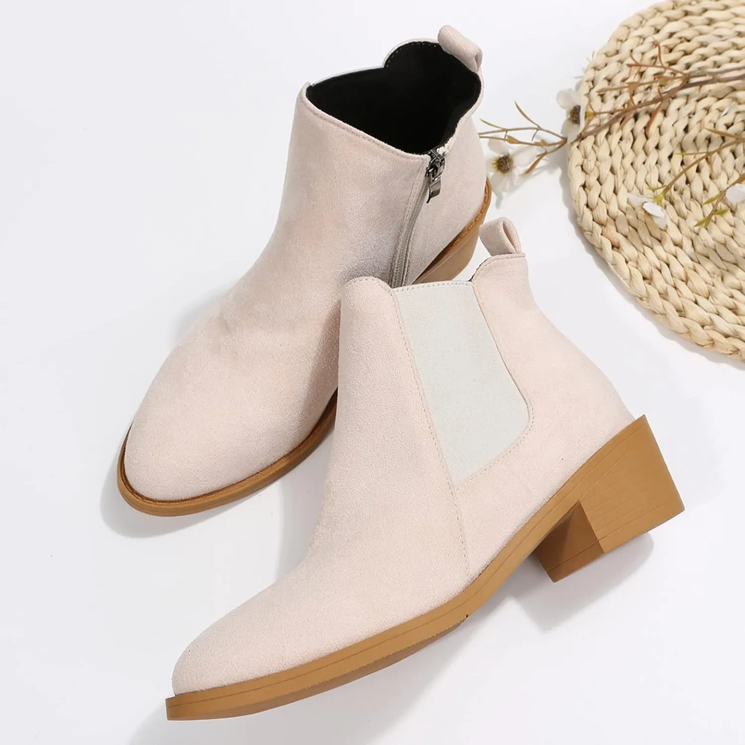 Snow Boots for Women Ankle Womens Suede Booties Short Boots for Women Low Heel Boot for Men Indoor and Outdoor Soft Sole Fashion Chunky Low Heel Classic Pointed Toe