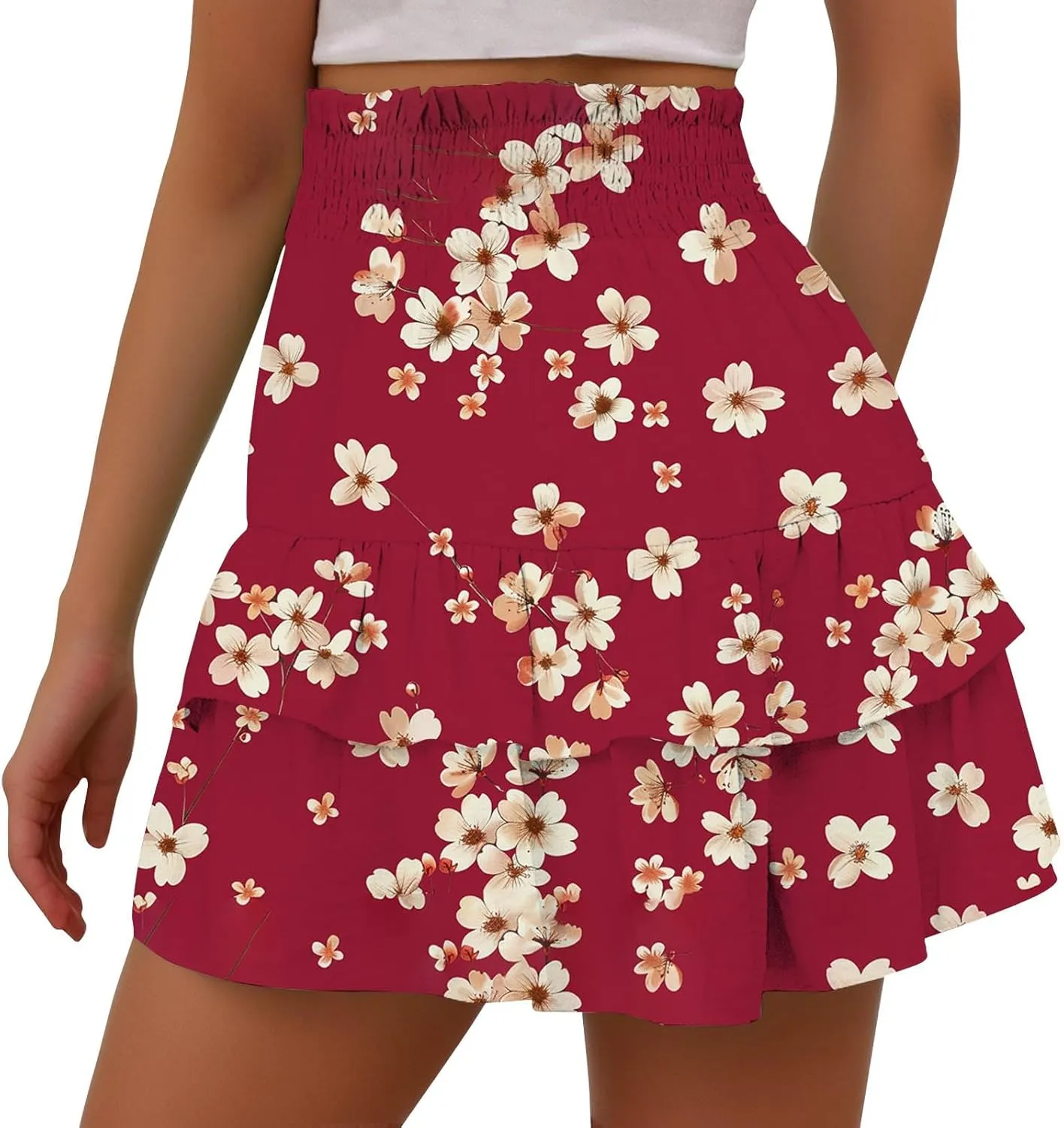 Summer Shorts for Women 2024 Elastic High Waisted Pleated Ruffle Mini Skirts Cute Beach Vacation Flowy Shorts Skorts
