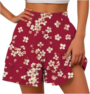 Summer Shorts for Women 2024 Elastic High Waisted Pleated Ruffle Mini Skirts Cute Beach Vacation Flowy Shorts Skorts