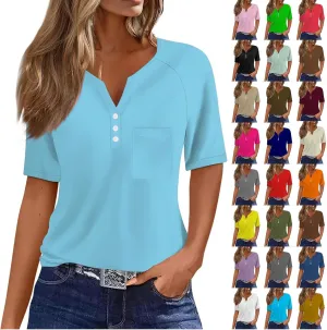Summer Tops for Women Short Sleeve Henley V Neck Blouses Button Dressy Shirts Casual Business Office Outfits Tees