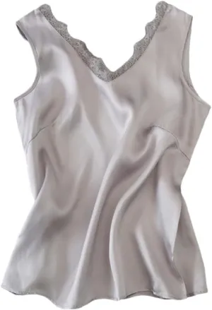 Summer Women Camisole V Neck Lace Mulberry Silk Solid Color Tees
