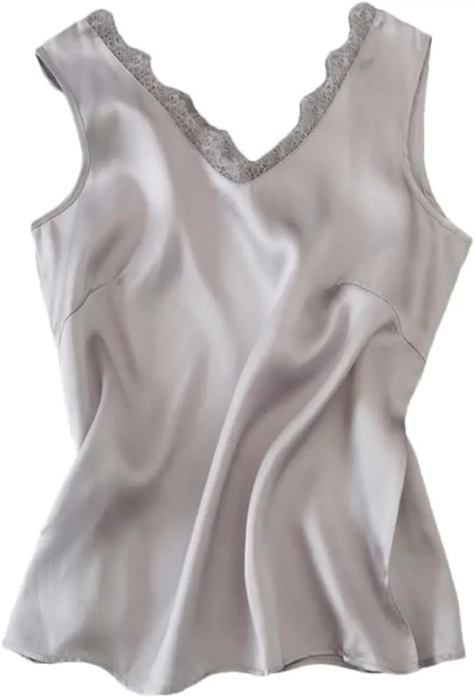 Summer Women Camisole V Neck Lace Mulberry Silk Solid Color Tees