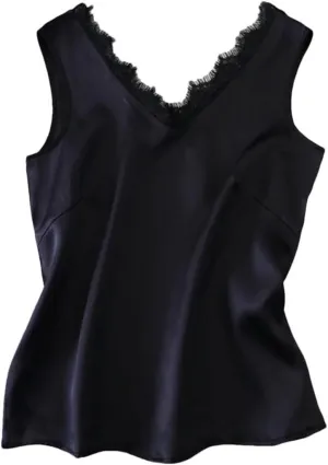 Summer Women Camisole V Neck Lace Mulberry Silk Solid Color Tees