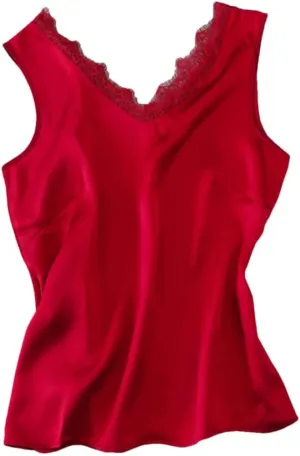 Summer Women Camisole V Neck Lace Mulberry Silk Solid Color Tees