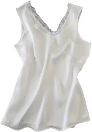 Summer Women Camisole V Neck Lace Mulberry Silk Solid Color Tees