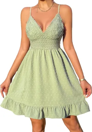SweatyRocks Women's Floral Lace Sleeveless V Neck A Line Dress Tie Back Ruffle Hem Cami Mini Dresses
