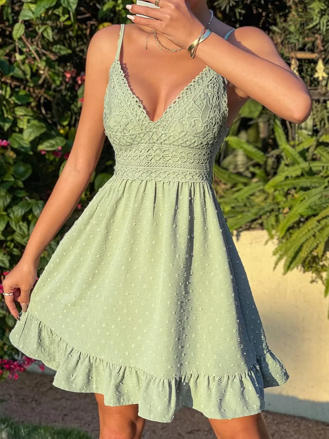 SweatyRocks Women's Floral Lace Sleeveless V Neck A Line Dress Tie Back Ruffle Hem Cami Mini Dresses