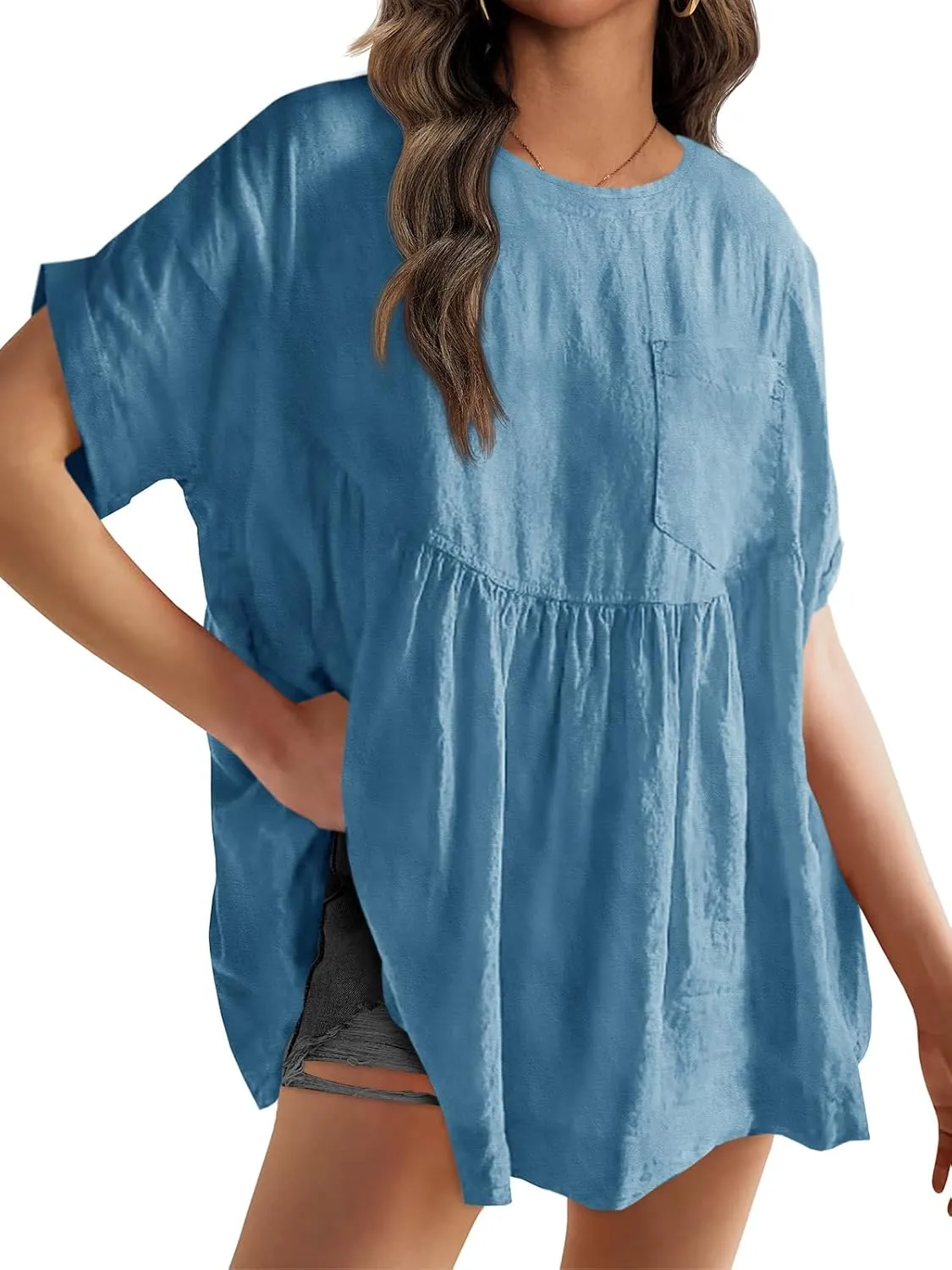 Tankaneo Womens Summer Babydoll Tops Casual Loose Fit Peplum Oversized Tunic Shirts