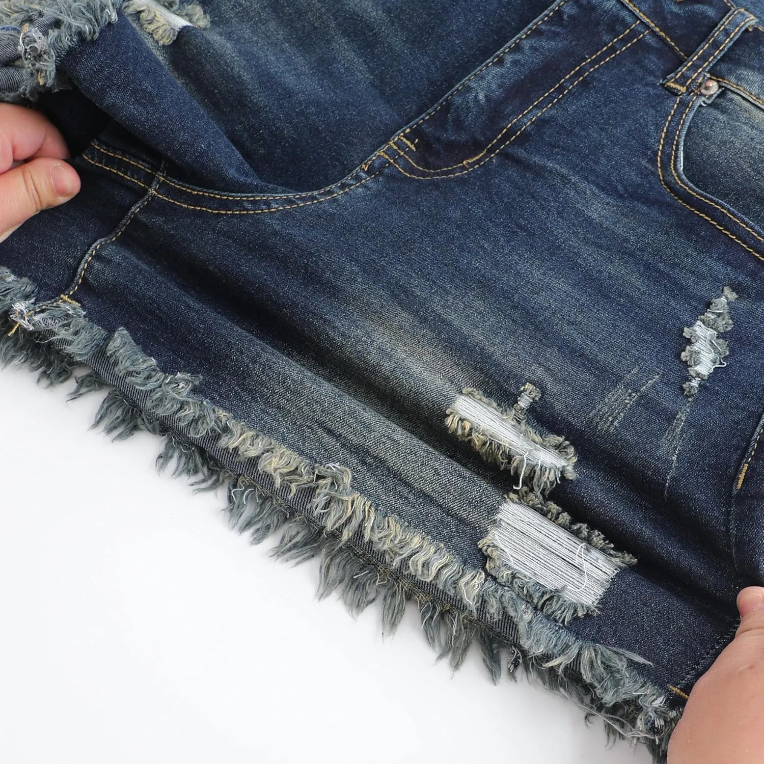 THUNDER STAR Women Mid Rise Ripped Stretchy Jeans Shorts Frayed Raw Hem Casual Denim Shorts