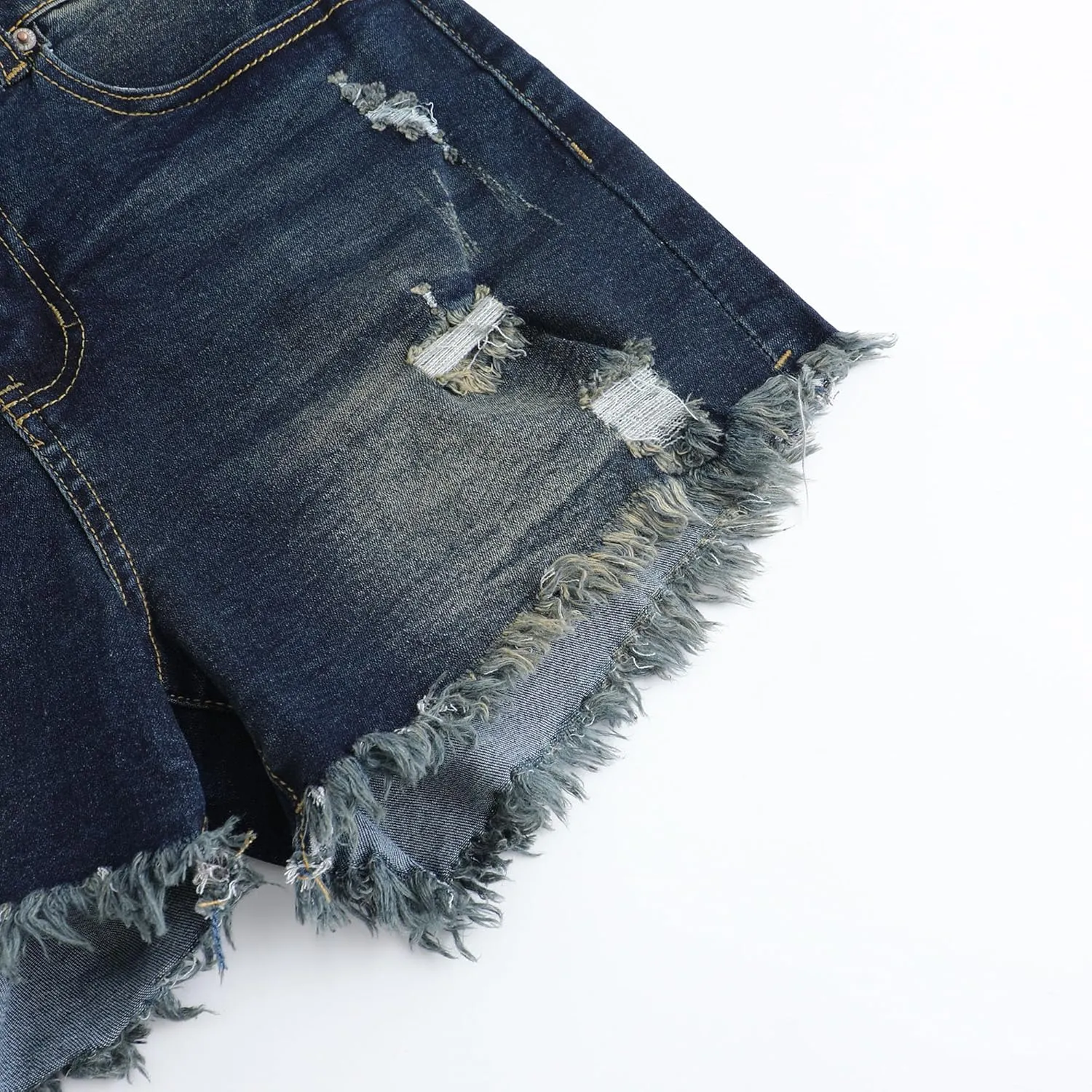 THUNDER STAR Women Mid Rise Ripped Stretchy Jeans Shorts Frayed Raw Hem Casual Denim Shorts