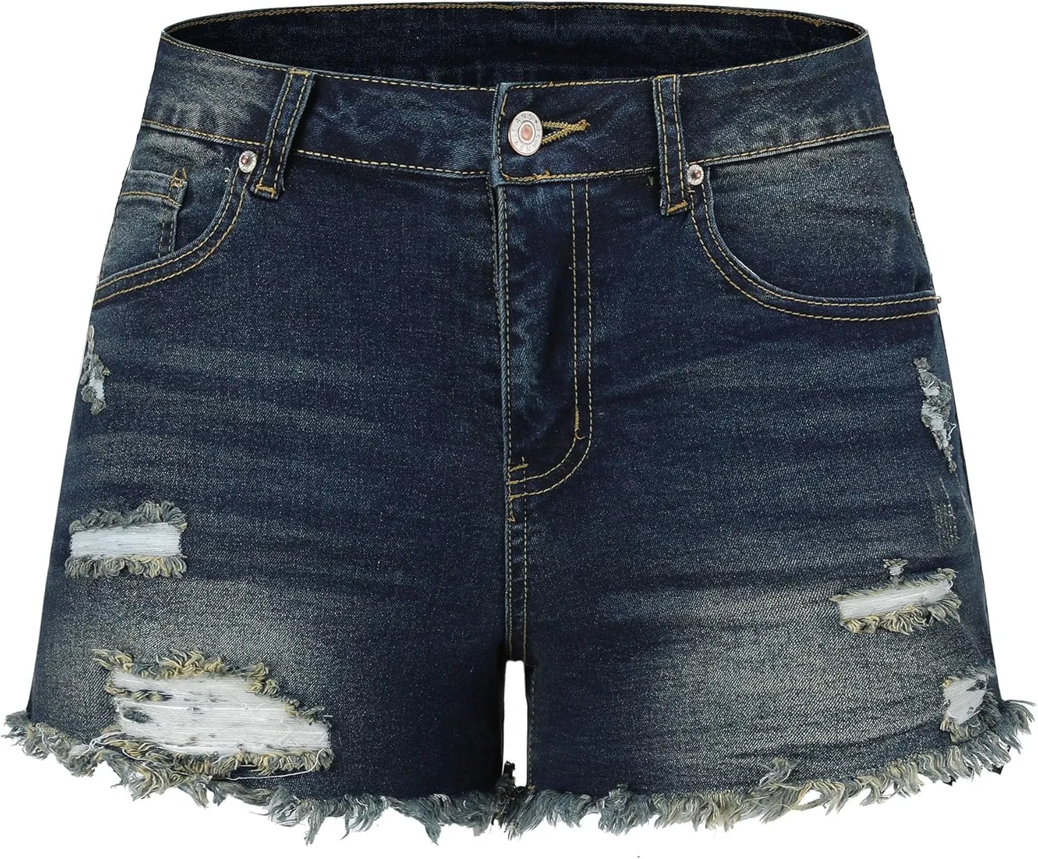 THUNDER STAR Women Mid Rise Ripped Stretchy Jeans Shorts Frayed Raw Hem Casual Denim Shorts