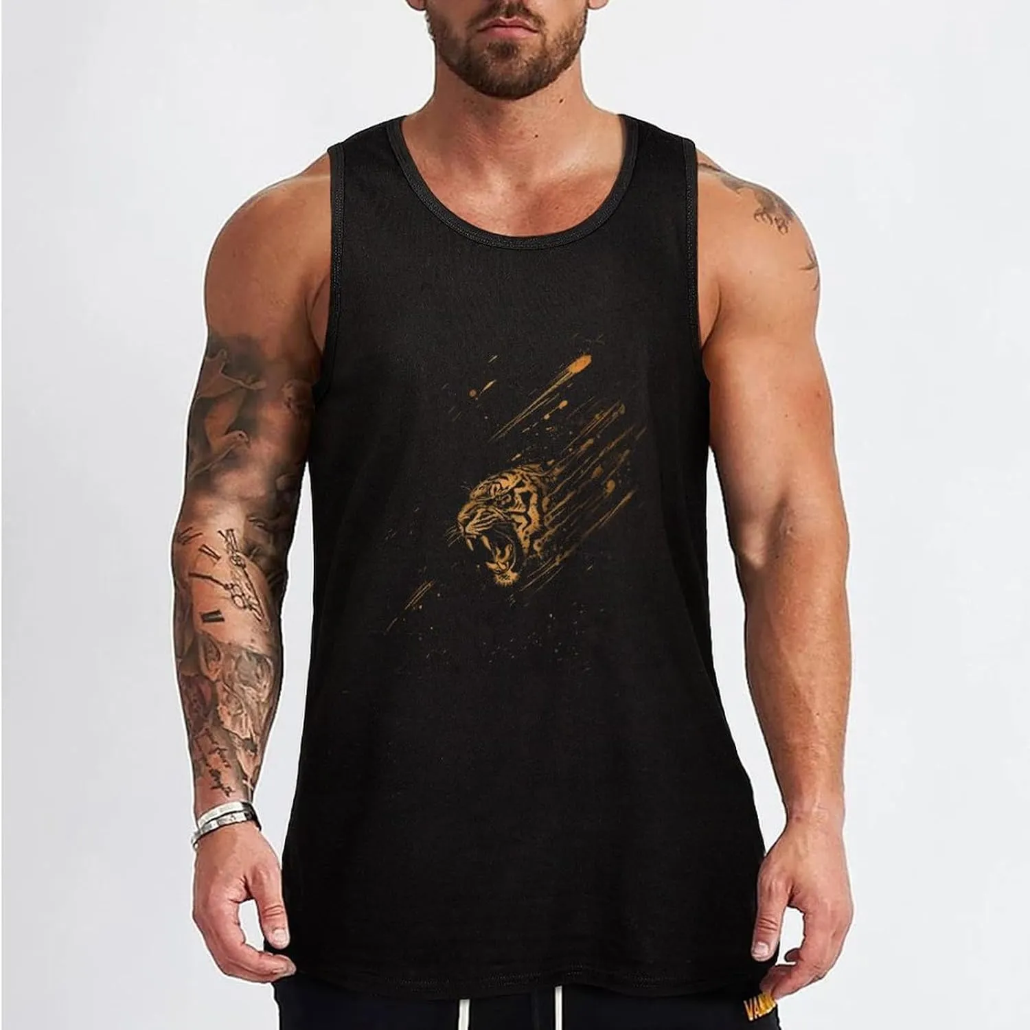 Tiger Artwork Mens Tank Top Cotton Undershirt Crewneck Sleeveless Shirt for Summer