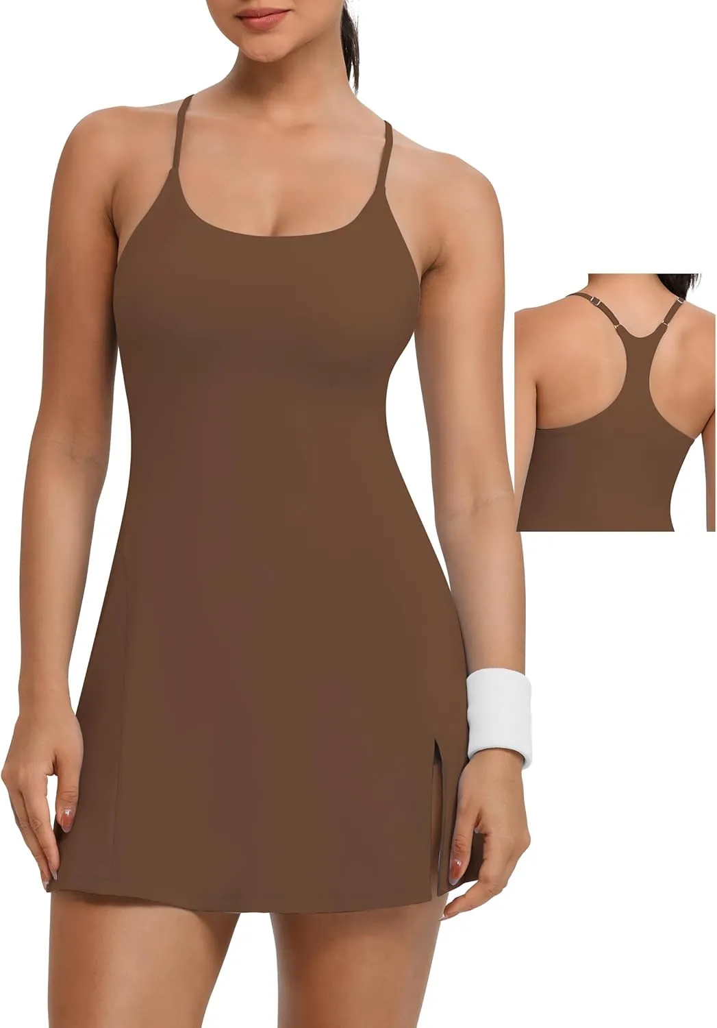 TQD Tennis Athletic Dress for Women U Neck Golf Dress with Built in Shorts and Bra Racerback Side Slit Workout Active Dresses