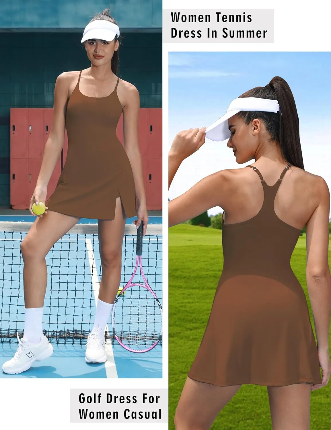TQD Tennis Athletic Dress for Women U Neck Golf Dress with Built in Shorts and Bra Racerback Side Slit Workout Active Dresses
