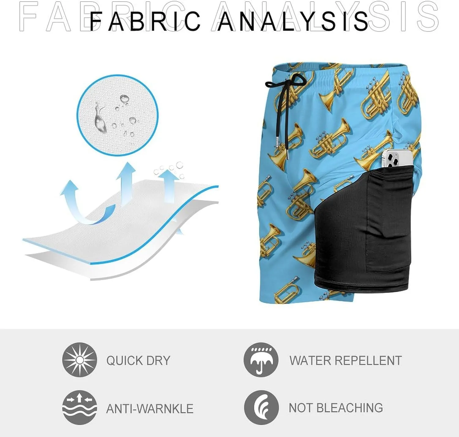 Trumpet Pattern Casual Beach Shorts for Men Elastic Waist Drawstring Swim Shorts With Compression Liner