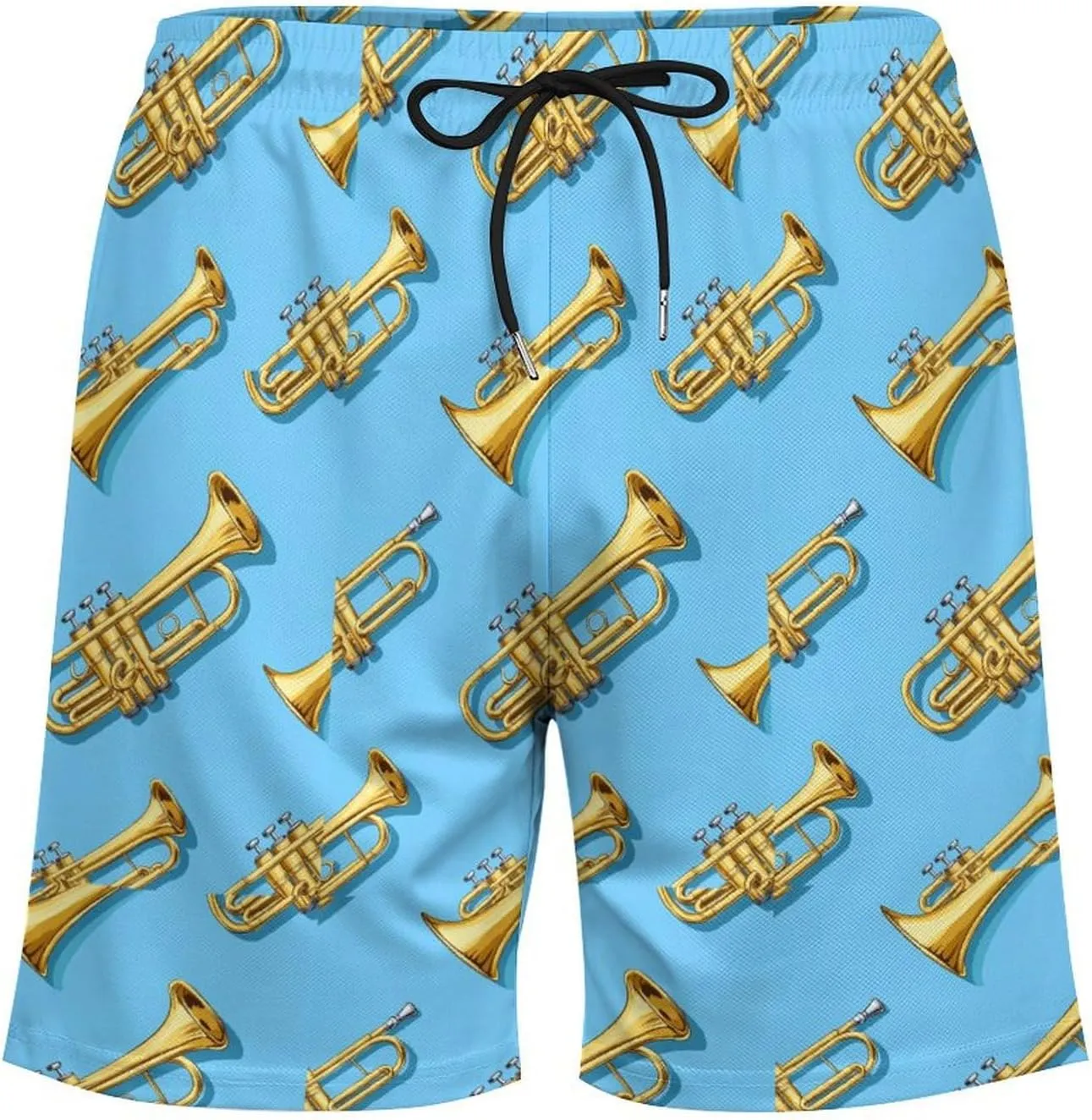 Trumpet Pattern Casual Beach Shorts for Men Elastic Waist Drawstring Swim Shorts With Compression Liner