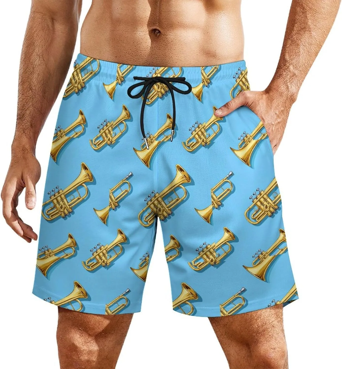 Trumpet Pattern Casual Beach Shorts for Men Elastic Waist Drawstring Swim Shorts With Compression Liner