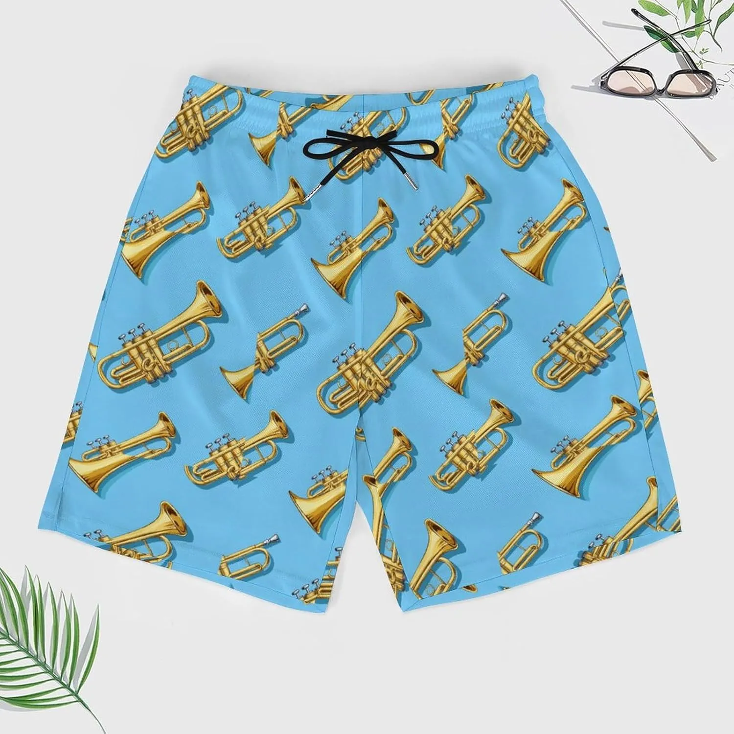 Trumpet Pattern Casual Beach Shorts for Men Elastic Waist Drawstring Swim Shorts With Compression Liner