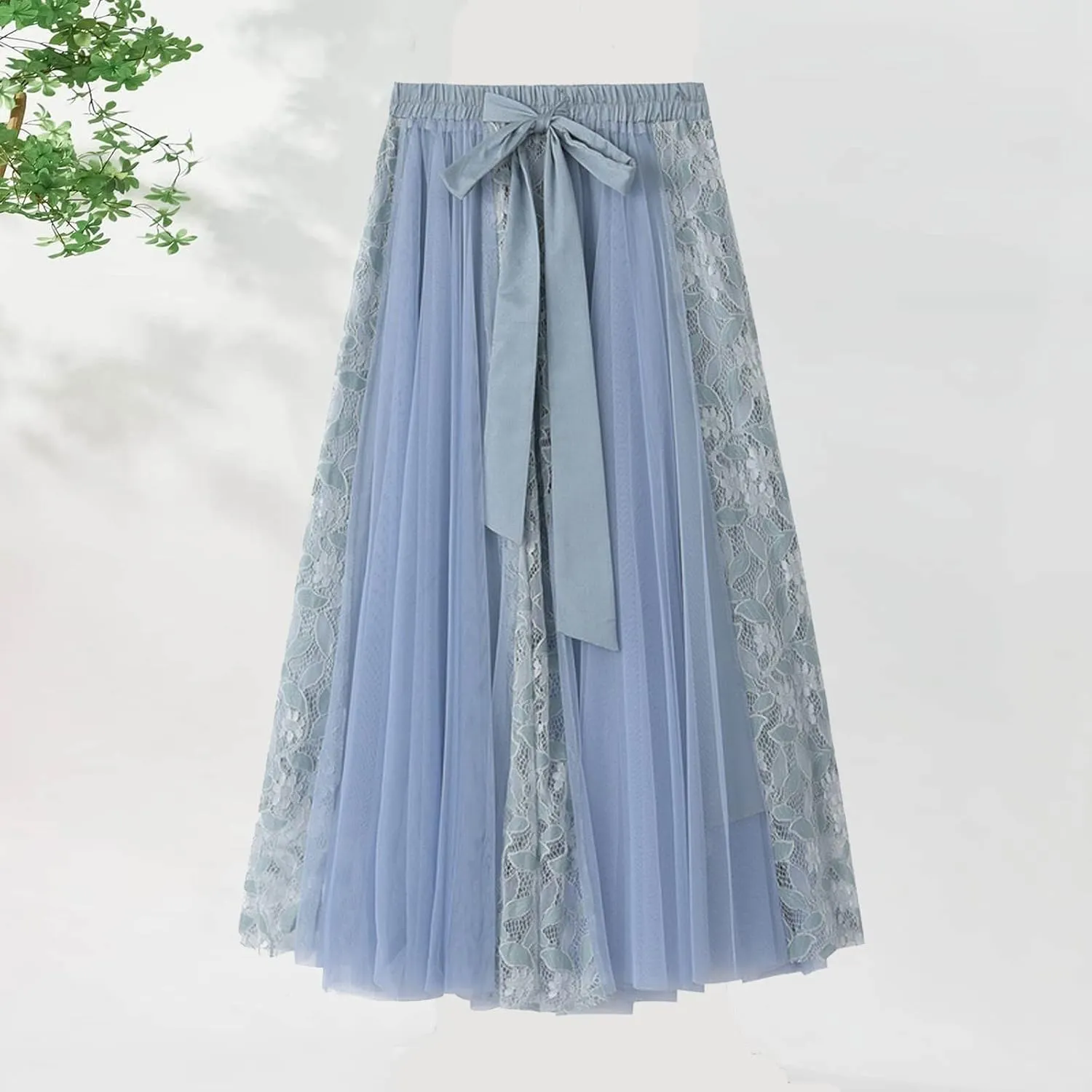 Tulle Skirts for Women Bow Tie Elastic High Waist Layered Floral Lace Skirt Mesh Sheer Pleated A-Line Midi Skirts