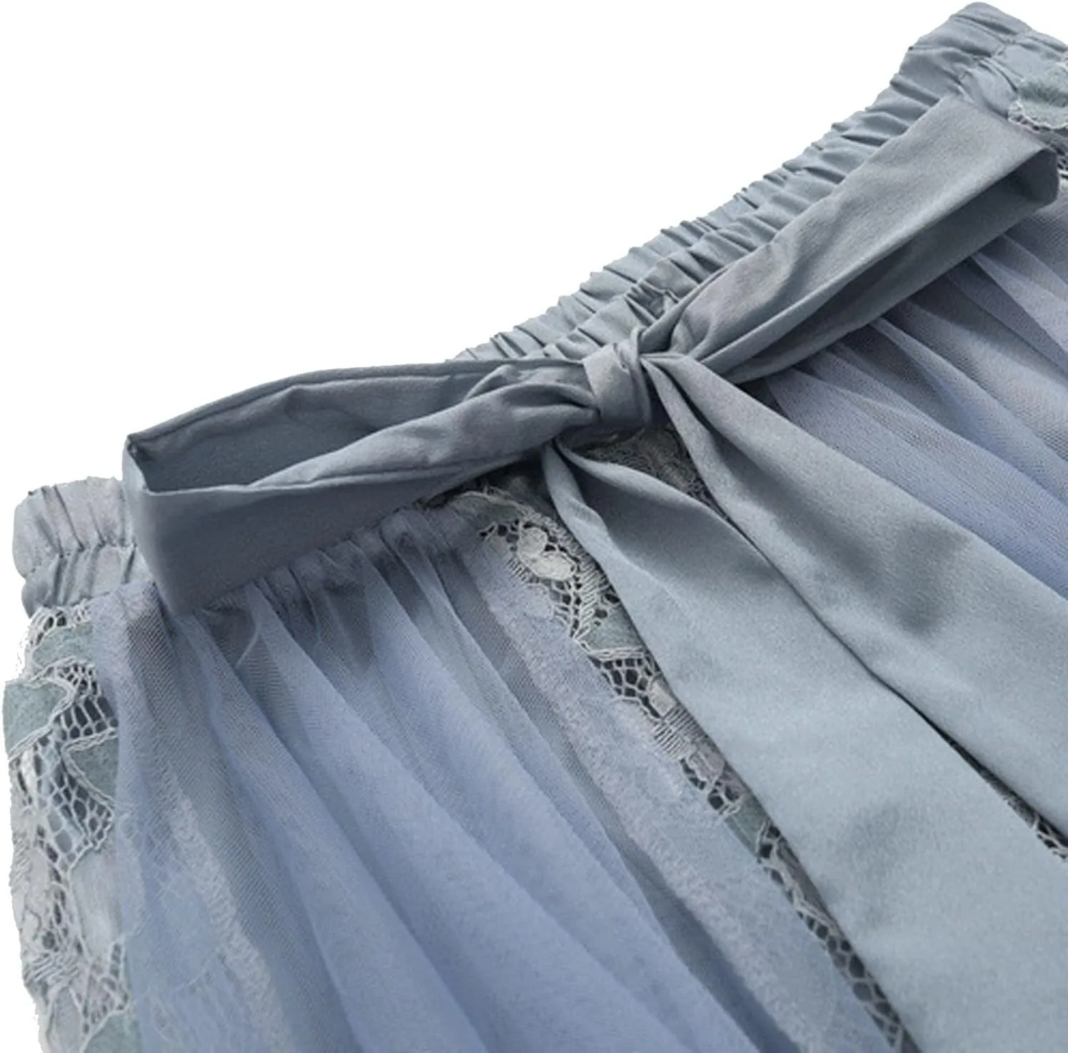 Tulle Skirts for Women Bow Tie Elastic High Waist Layered Floral Lace Skirt Mesh Sheer Pleated A-Line Midi Skirts