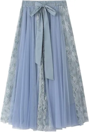 Tulle Skirts for Women Bow Tie Elastic High Waist Layered Floral Lace Skirt Mesh Sheer Pleated A-Line Midi Skirts