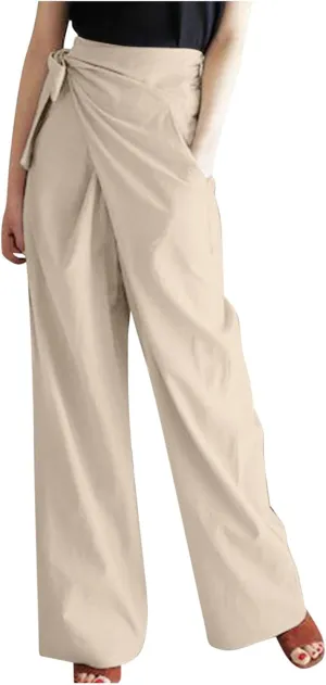 Uillui Dressy Casual Work Pants for Women Fashion Wrap High Waist Lace-Up Slacks Straight Leg Wide Leg Cotton Linen Trousers