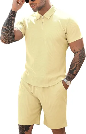 URRU Men's Polo Shirt and Shorts Set Summer Outfits Casual Short Sleeve Polo Suit for Men 2 Piece Shorts Tracksuit Set