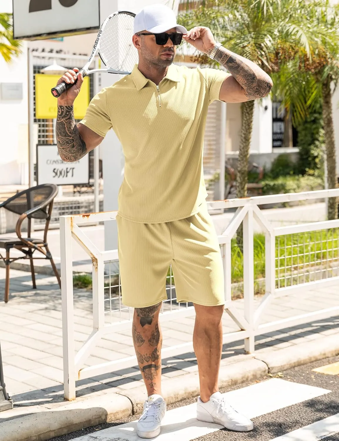 URRU Men's Polo Shirt and Shorts Set Summer Outfits Casual Short Sleeve Polo Suit for Men 2 Piece Shorts Tracksuit Set