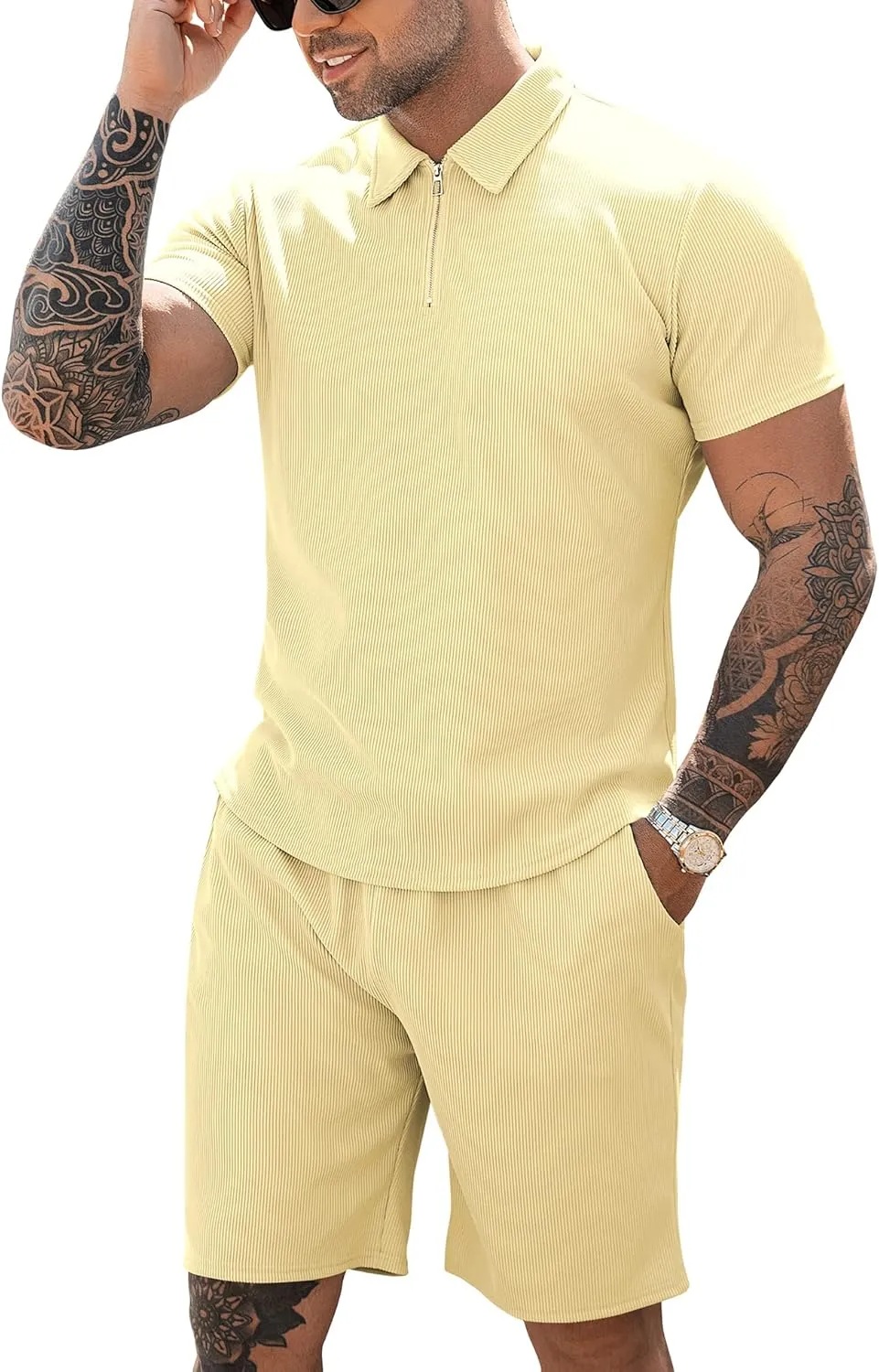 URRU Men's Polo Shirt and Shorts Set Summer Outfits Casual Short Sleeve Polo Suit for Men 2 Piece Shorts Tracksuit Set