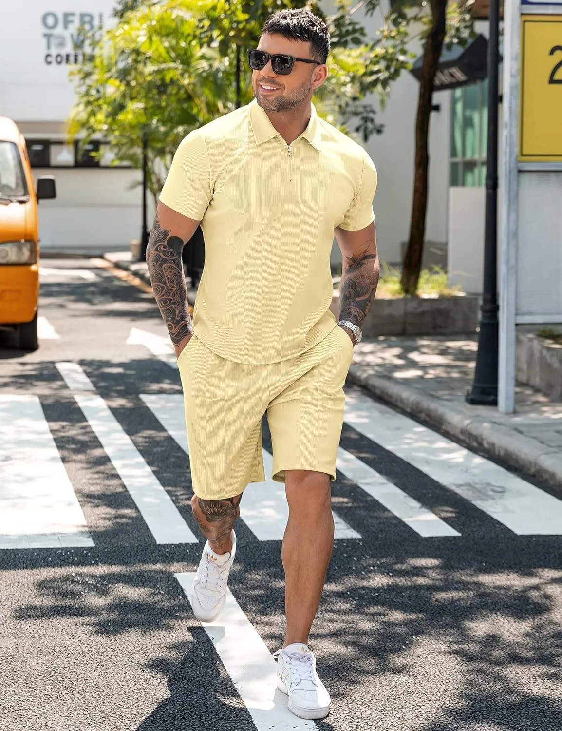 URRU Men's Polo Shirt and Shorts Set Summer Outfits Casual Short Sleeve Polo Suit for Men 2 Piece Shorts Tracksuit Set