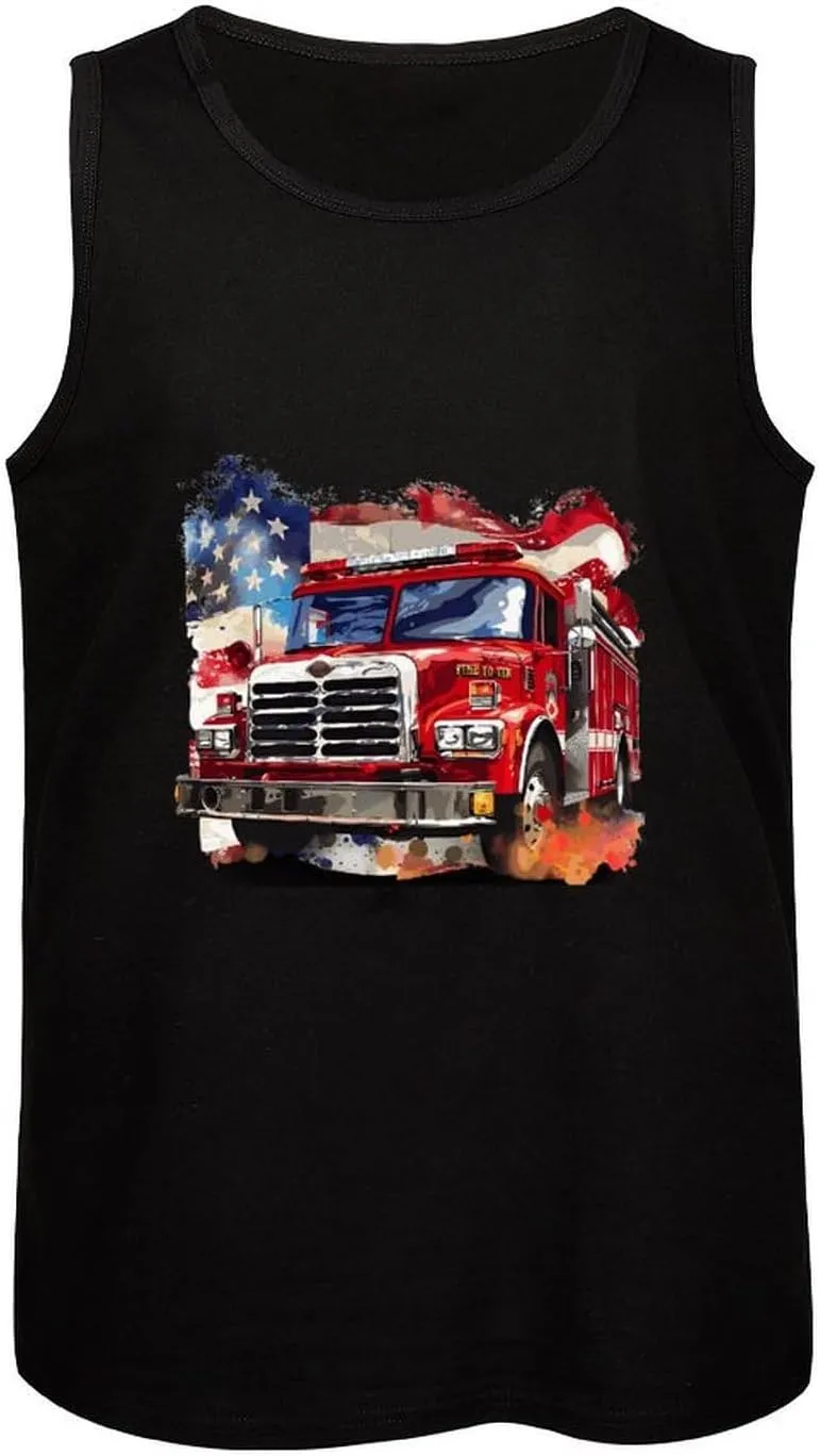 U.S Fire Fighter Flag Mens Tank Top Cotton Undershirt Crewneck Sleeveless Shirt for Summer