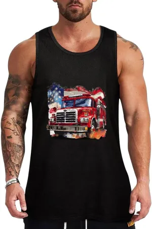 U.S Fire Fighter Flag Mens Tank Top Cotton Undershirt Crewneck Sleeveless Shirt for Summer