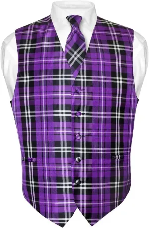 Vesuvio Napoli Men's Plaid Design Dress Vest & NeckTie Black Gray White Neck Tie Set