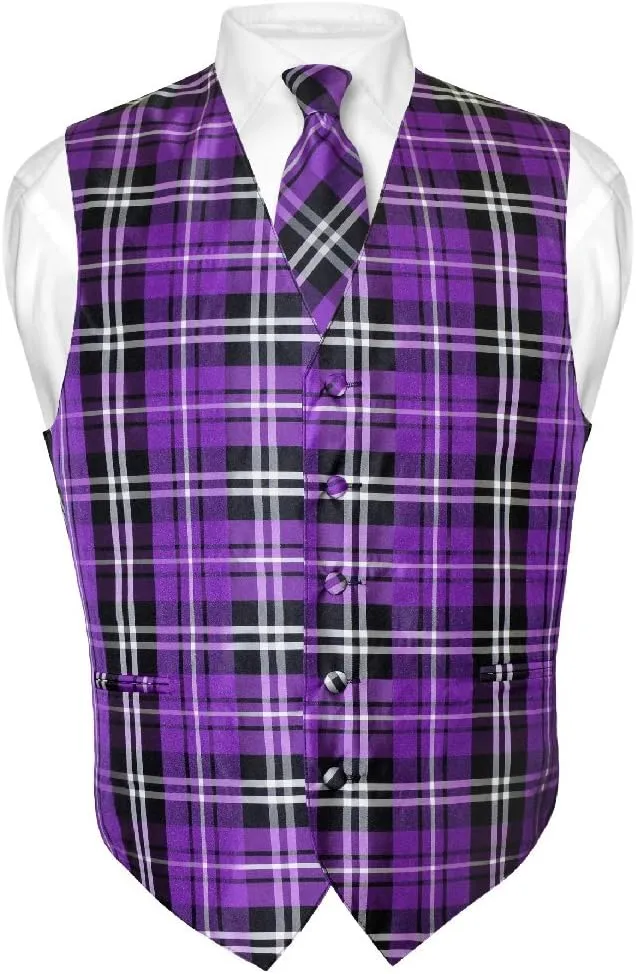 Vesuvio Napoli Men's Plaid Design Dress Vest & NeckTie Black Gray White Neck Tie Set